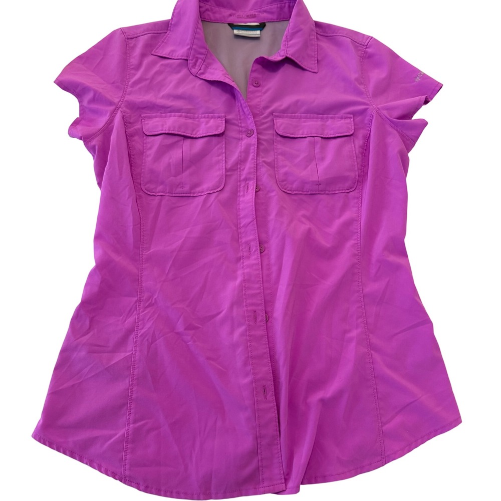 Columbia Womens Omni-Shade Short Sleeve Button Up Hiking Shirt Purple Small